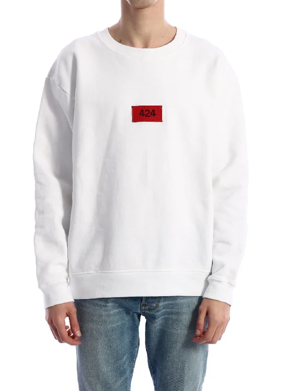 Sweatshirt Logo White Hoodie with Hem Frayed Vintage Worn