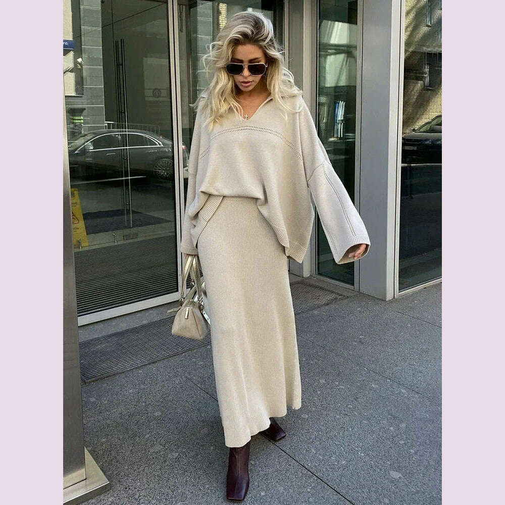 TARUXY Solid Loose Sweater Suit Female Fashion V-Neck Knit Pollover Top Long Skirt High Waist Autumn Winter Skirt 2 Piece Set corduroy skirt durable