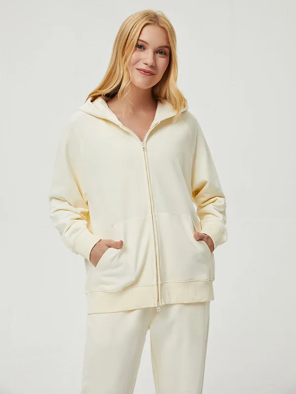 Terry Fleece Cloud Nine Zip Hoodie-Warm White Hoodie with Pastel Soft Subtle