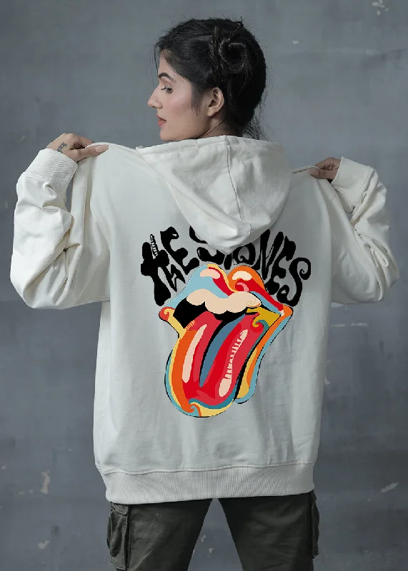The Stones Printed Off White Oversized Hoodie Womens | Pronk Hoodie with Hem Applique Textured Unique
