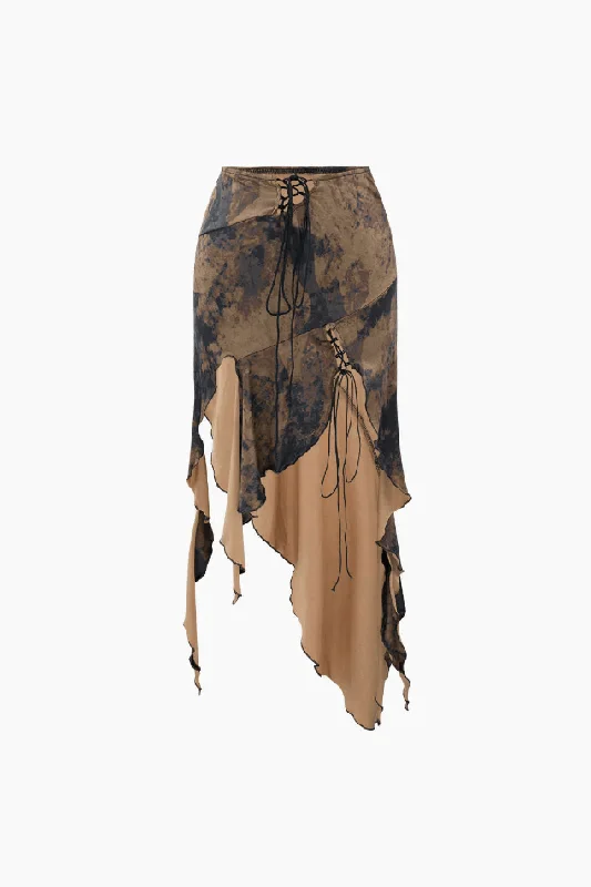 Tie Dye Asymmetric Ruffle Hem Skirt denim skirt trendy