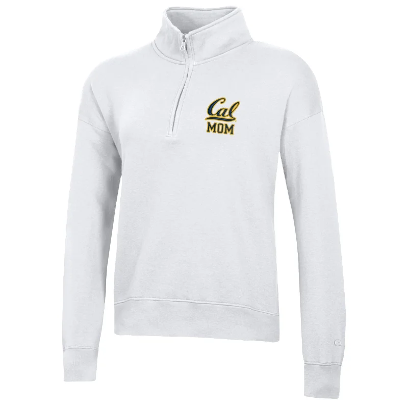 U.C. Berkeley  Cal Mom embroidered cotton rich quarter zip-up hoodie sweatshirt-White Hoodie with Puffed Sleeves Voluminous Trendy