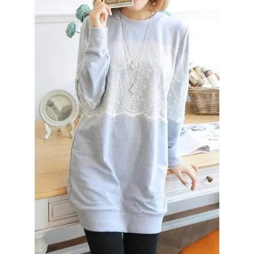 Stylish Jewel Neck Lace Splicing Button Decorated Long Sleeve Women's Sweatshirt - Gray One Size(fit Size Xs To M) Hoodie with Pattern Geometric Abstract Stylish Jewel Neck Lace Splicing Button Decorated Long Sleeve Women's Sweatshirt - Gray One Size(fit Size Xs To M) Hoodie with Pattern Geometric Abstract
