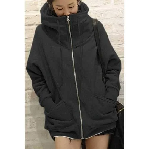 Casual Solid Color Loose-Fitting Zippered Long Sleeve Women's Hoodie - Black One Size(fit Size Xs To M) Hoodie with Monochrome Minimalist Simple