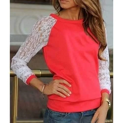 Stylish Round Neck Long Sleeve Spliced See-Through Women's Sweatshirt - Red S Hoodie with Neon Bright Vibrant