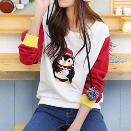 Cute Jewel Neck Long Sleeves Color Splicing Cartoon Print Sweatshirt For Women - Red One Size(fit Size Xs To M) Hoodie with Hem Frayed Vintage Worn Cute Jewel Neck Long Sleeves Color Splicing Cartoon Print Sweatshirt For Women - Red One Size(fit Size Xs To M) Hoodie with Hem Frayed Vintage Worn