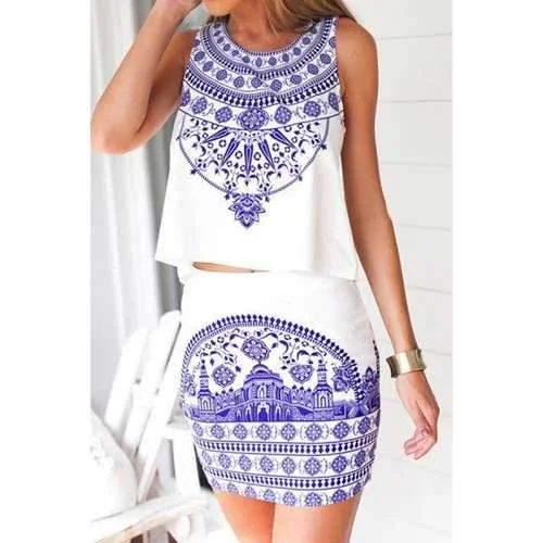 Stylish Retro Floral Print Tank Top and Bodycon Skirt Women's Suit - Blue And White M athletic skirt fit