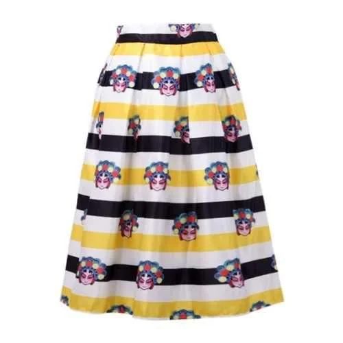 Stylish High-Waisted Ruffled A-Line Character Print Stripes Women's Midi Skirt - Yellow One Size(fit Size Xs To M) lace skirt romantic