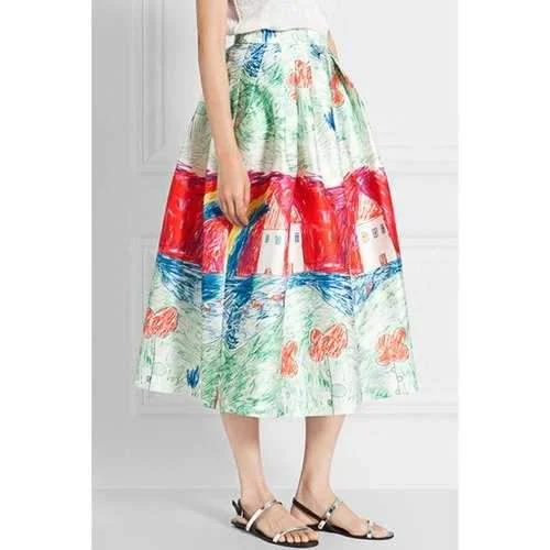 Fashionable Colorful Scrawl Print Skirt For Women - Red And Green S zip skirt side