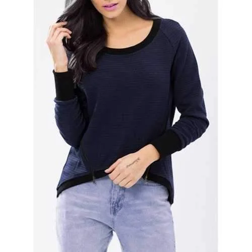 Chic Scoop Neck Long Sleeve Spliced Zippered Women's Sweatshirt - Navy Blue M Hoodie with Hem Raw Edge Edgy Unfinished