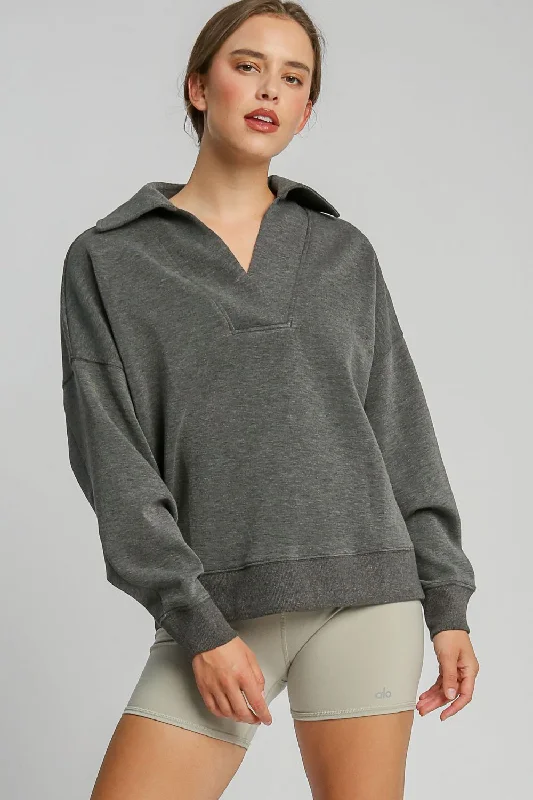 Umgee Johnny Collar Dropped Shoulder Sweatshirt - Charcoal Hoodie with Zipper Placket Modern Functional Umgee Johnny Collar Dropped Shoulder Sweatshirt - Charcoal Hoodie with Zipper Placket Modern Functional