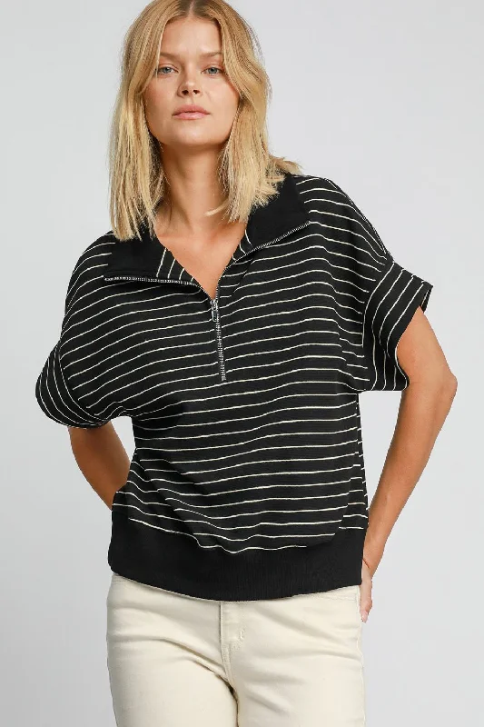 Umgee Striped Half Zip Short Sleeve Sweatshirt - Black Hoodie with Velcro Closure Adjustable Secure