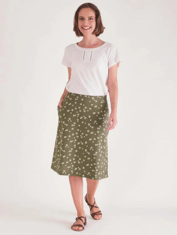 Velma Cotton & Linen A-line Skirt | Olive Dot Print elastic waist skirt