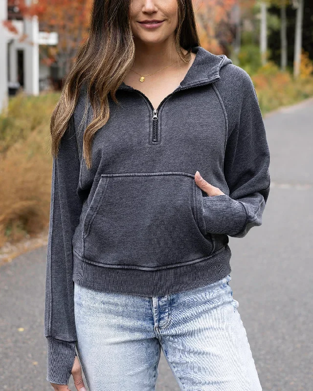 Vintage Washed Quarter Zip Hoodie Hoodie with Hem Raw Edge Edgy Unfinished