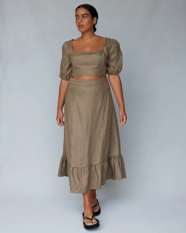 Violetta Linen Skirt - Khaki wool skirt thick
