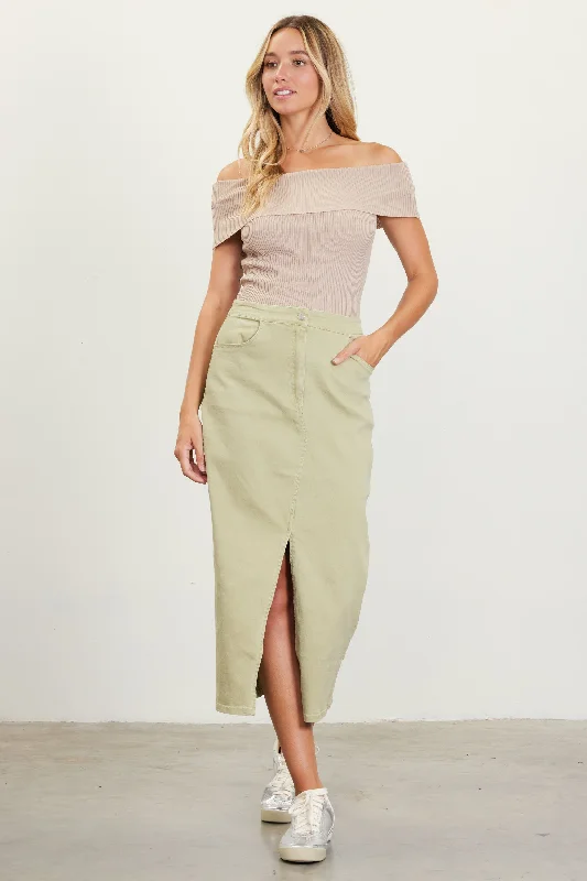 Washed Cotton Twill Midi Skirt spandex blend skirt