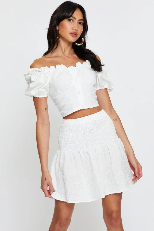 White Linen Blend Shirred Waist Skater Skirt linen skirt airy