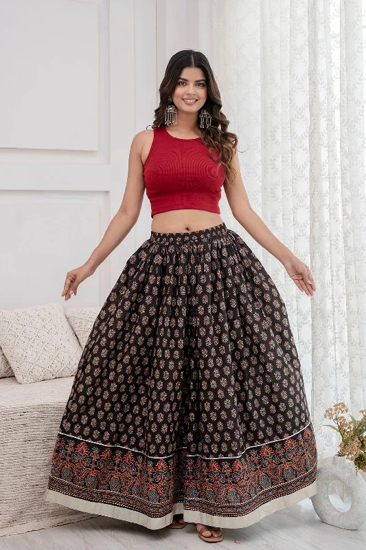 Women Black Ethnic Printed Gotta Patti Work Skirt - Rasiya velvet skirt glossy