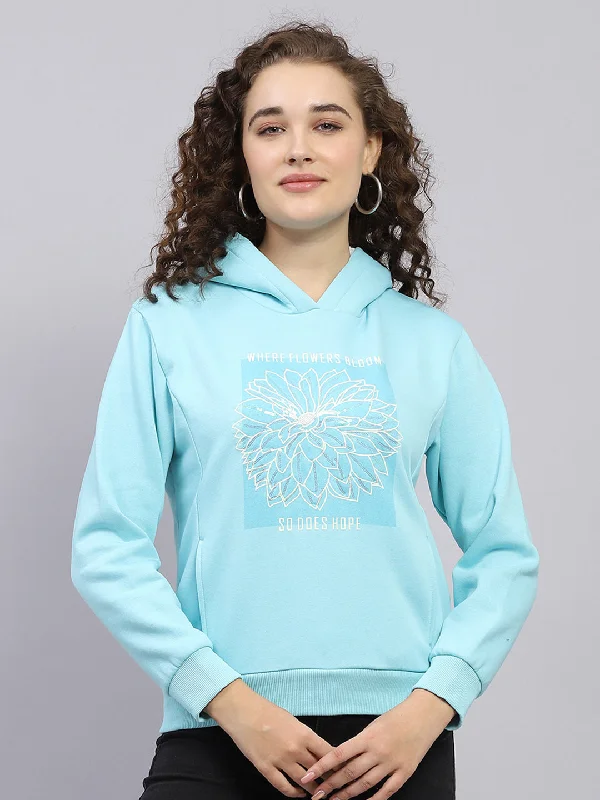 Women Blue Printed Hooded Full Sleeve Sweatshirt Hoodie with Hem Lace Feminine Delicate