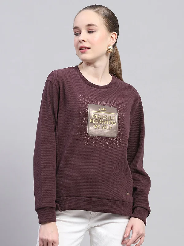 Women Maroon Printed Round Neck Full Sleeve Sweatshirt Hoodie with Toggle Buttons Decorative Unique