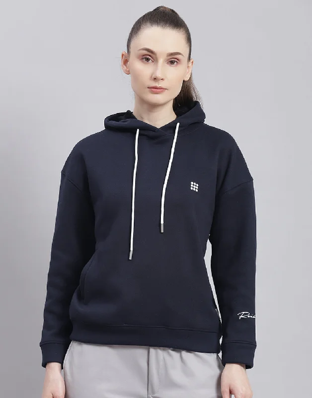 Women Navy Blue Solid Hooded Full Sleeve Sweatshirt Hoodie with Pattern Geometric Abstract