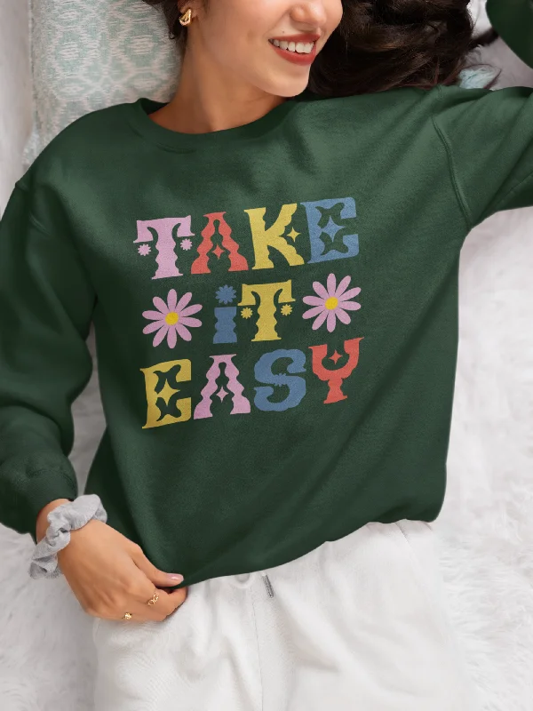 Women Olive Green Sweatshirt Take It Easy Hoodie with Rolled Sleeves Casual Relaxed