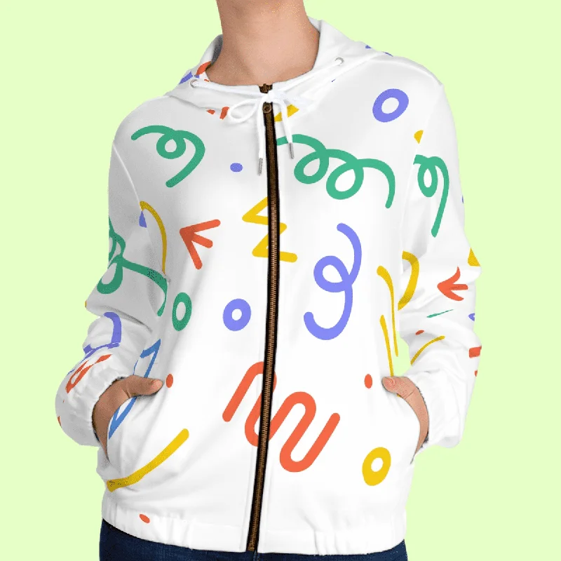 Women’s White Doodle Full Zip Hoodie Hoodie with Puffed Sleeves Voluminous Trendy