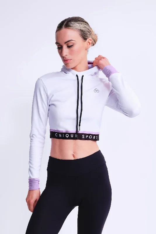 Fearless Crop Hoodie in White and Amethyst Hoodie with Hem Patch Decorative Personalized
