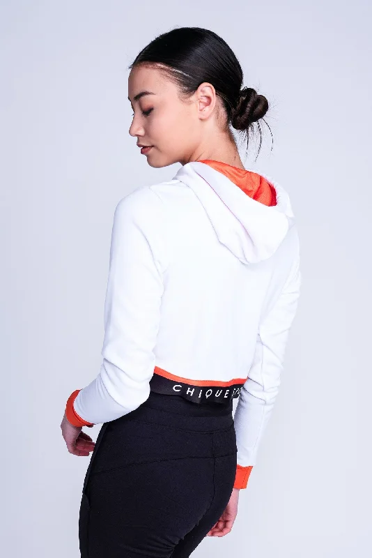 Fearless Crop Hoodie in White and Orange Hoodie with Ribbed Neckline Snug Warm