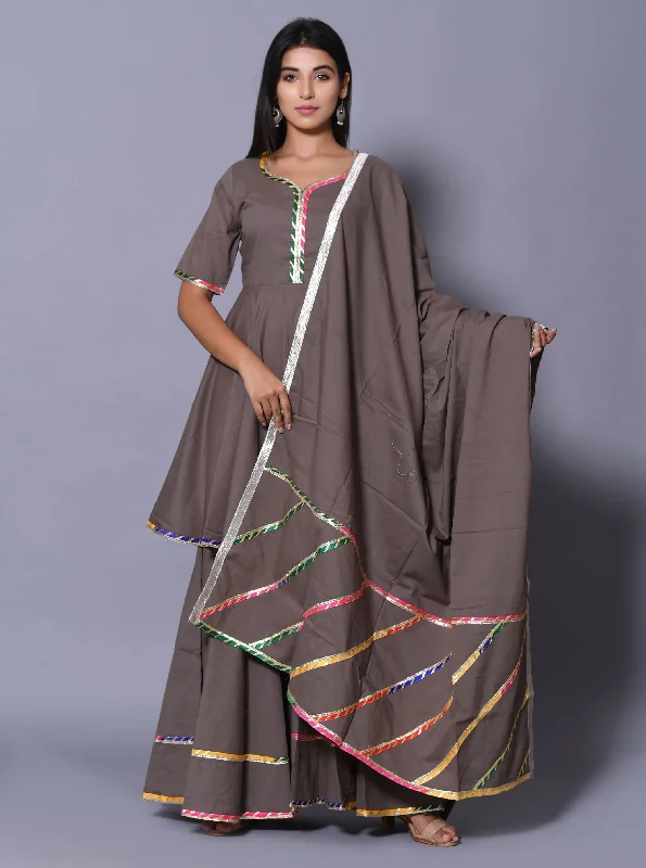 Women's Grey Hand Block Printed Peplum Top & Skirt Set - Saras The Label chiffon skirt flowing