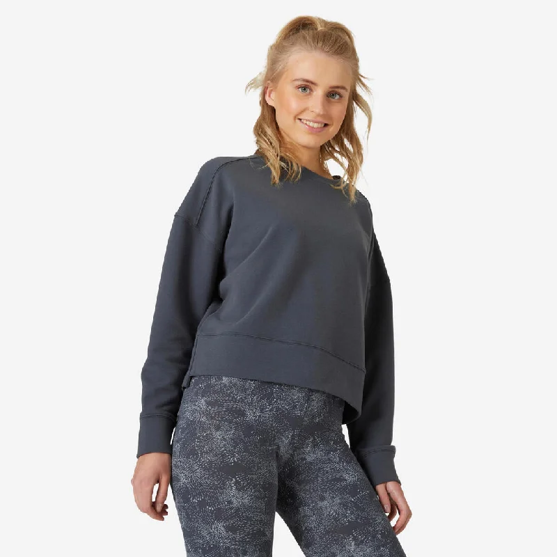 Women's Loose-Fit Fitness Sweatshirt 120 - Grey Hoodie with Ribbed Hem Stretchable Secure Women's Loose-Fit Fitness Sweatshirt 120 - Grey Hoodie with Ribbed Hem Stretchable Secure