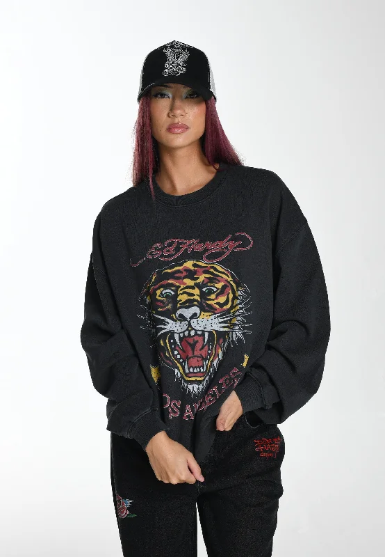 Womens Tiger-Vintage-Roar Graphic Relaxed Crew Neck Sweatshirt - Black Hoodie with Hem Drawcord Adjustable Customizable