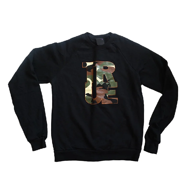 Womens True Logo Camo Crewneck Sweatshirt Black Hoodie with Illustration Artistic Creative