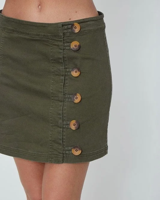 Woven Side Button Up Essential Mini Skirt in Olive cashmere skirt rich