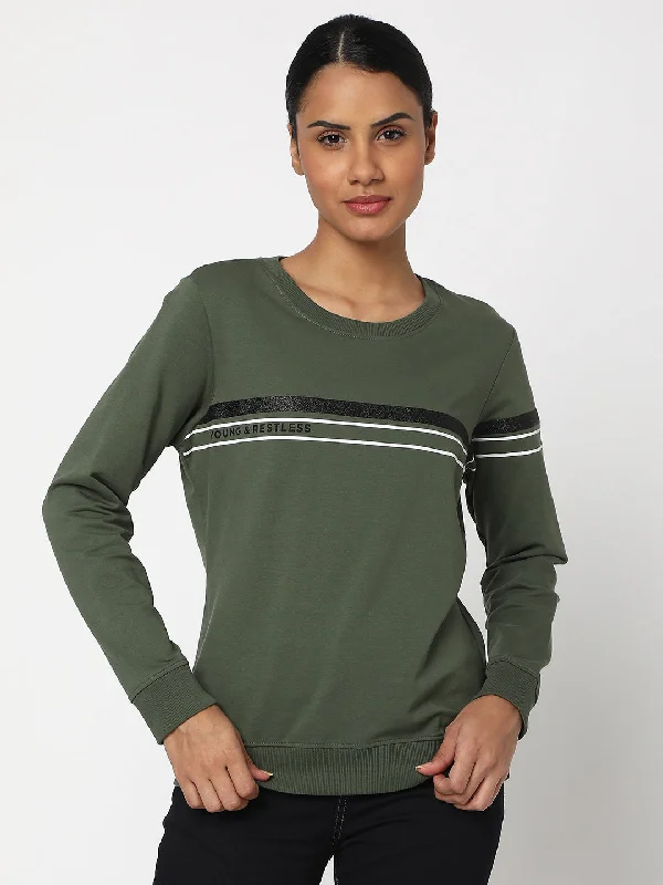 Spykar Olive Green Cotton Blend Full Sleeve Round Neck Sweatshirts For Women Hoodie with Relaxed Fit Easy Casual Spykar Olive Green Cotton Blend Full Sleeve Round Neck Sweatshirts For Women Hoodie with Relaxed Fit Easy Casual