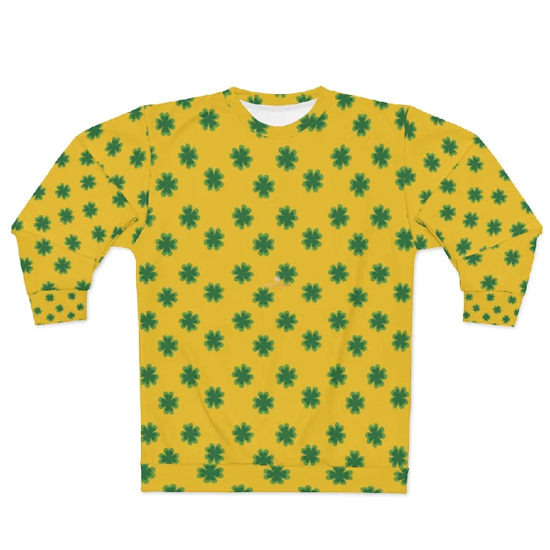 Yellow St. Patty's Day Sweatshirt, Yellow St. Patrick's Day Green Clover Print Unisex Couple's Designer Sweatshirt- Made in USA Hoodie with Batwing Sleeves Loose Dramatic