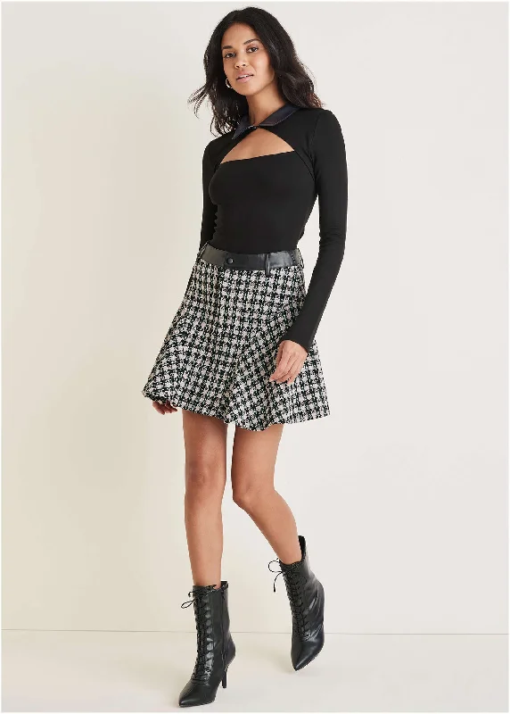 Tweed Flounce Mini Skirt - Black Multi leather skirt modern