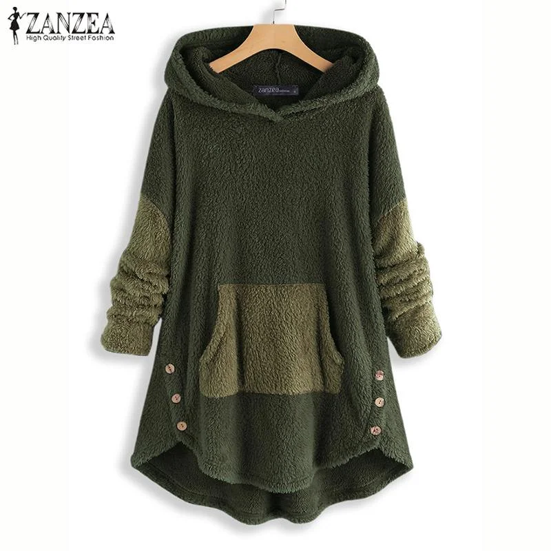 ZANZEA Women Hoodies Sweatshirt Winter Long Sleeve Plush Fluffy Jumper Pull Femme Autumn Hooded Fleece Pullover Blusas Plus Size Hoodie with Full-Zip Functional Layering