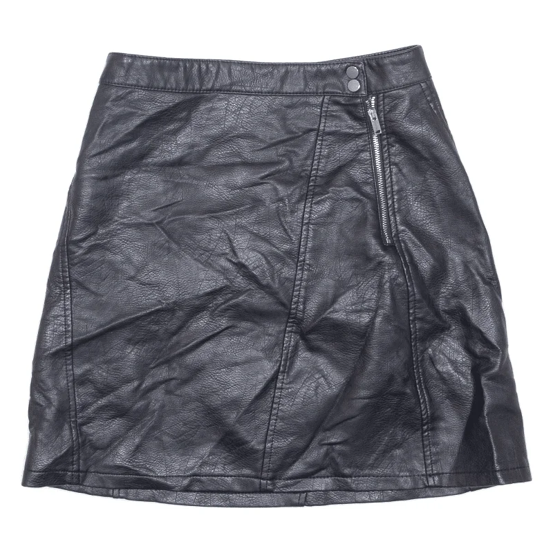 ZARA BASIC Leather Feel Womens Straight Skirt Black Short Leather XS belted skirt waist