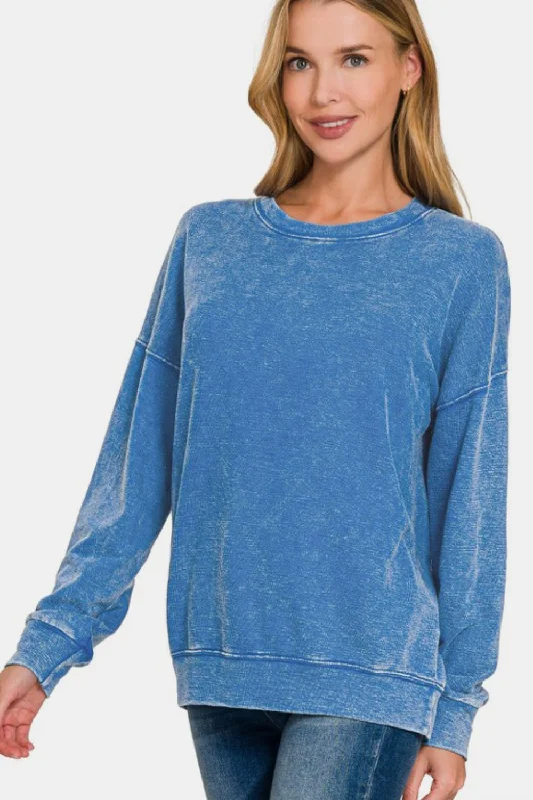 Zenana Washed Round Neck Dropped Shoulder Sweatshirt - Blue Hoodie with Hem Patch Decorative Personalized Zenana Washed Round Neck Dropped Shoulder Sweatshirt - Blue Hoodie with Hem Patch Decorative Personalized