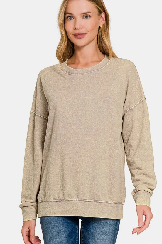 Zenana Washed Round Neck Dropped Shoulder Sweatshirt - Khaki Hoodie with Hidden Zipper Minimalist Clean Zenana Washed Round Neck Dropped Shoulder Sweatshirt - Khaki Hoodie with Hidden Zipper Minimalist Clean
